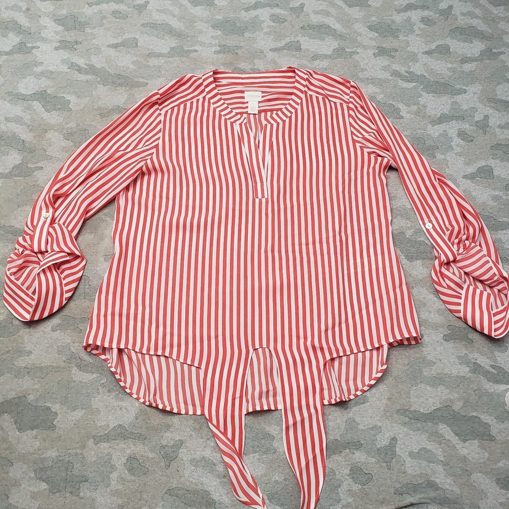 Chico's Top Womens 1 Red 3/4 Sleeve‎ Striped